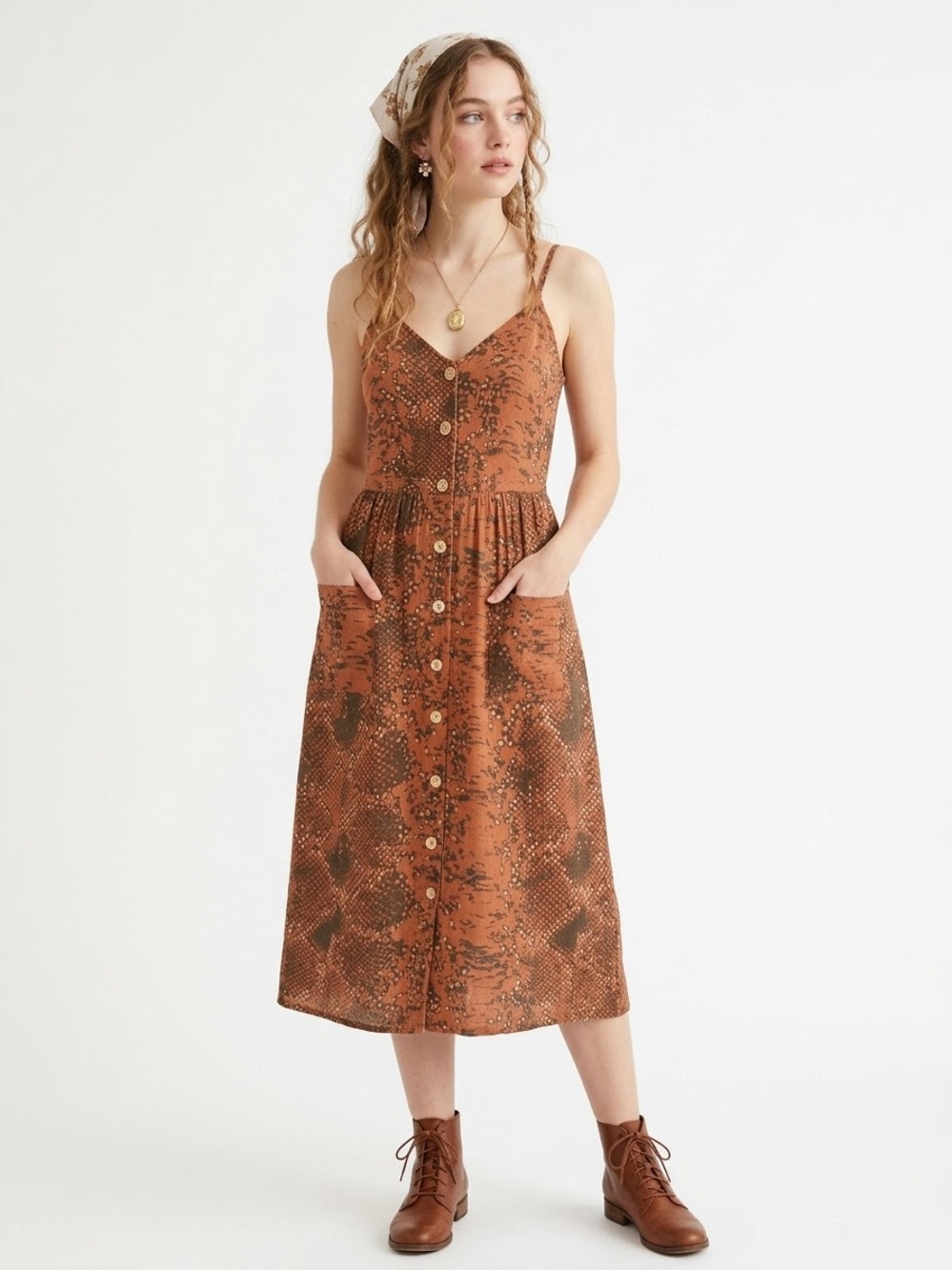 Boho Goblincore 100% Linen Midi Dress Python Snake Print Earthy Hobbit Coastal